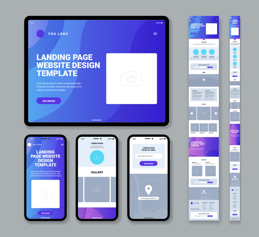 Mockup showing a blue gradient landing page design on tablet and smartphone screens side by side and in a vertical grid to illustrate a responsive template.