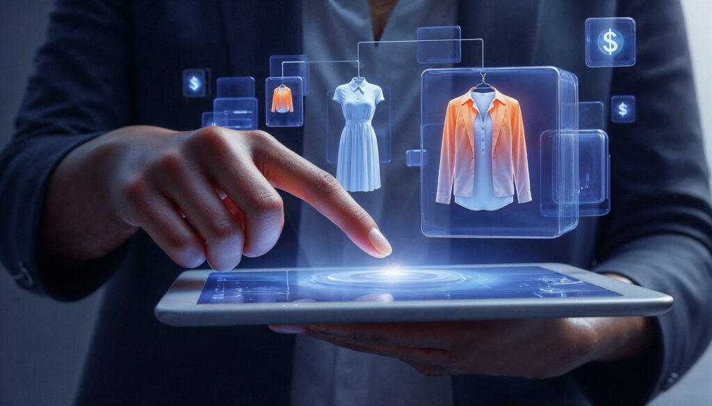 Person in dark suit uses a holographic touchscreen to view virtual clothes, including a blue dress and an orange blazer, in a futuristic shopping interface.