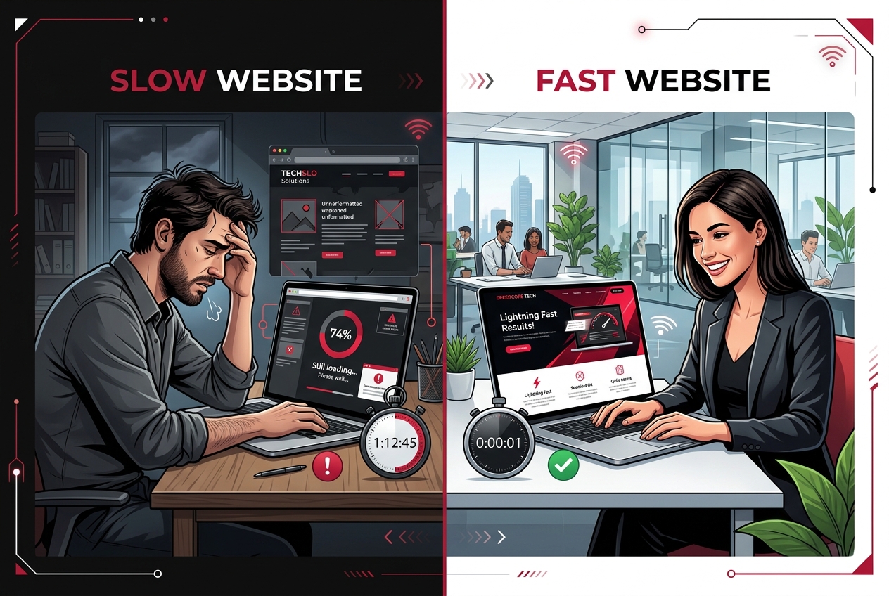 Split-screen illustration contrasting slow vs fast websites: frustrated man at a dark desk with slow-loading screens on the left and a cheerful woman at a bright desk with a fast-loading page on the right.