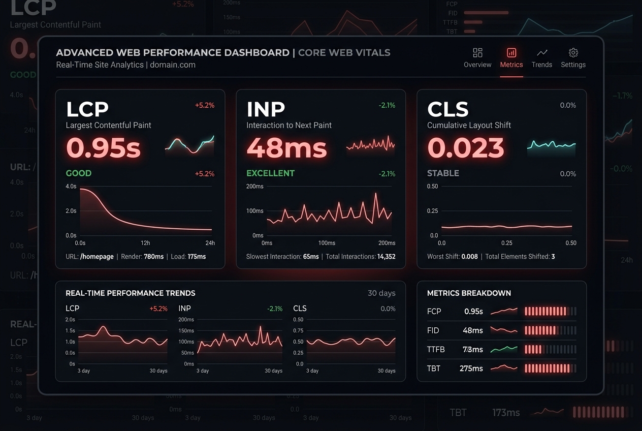 Dark web performance dashboard showing LCP 0.95s, INP 48ms, CLS 0.023 with charts and trends are displayed in panels.