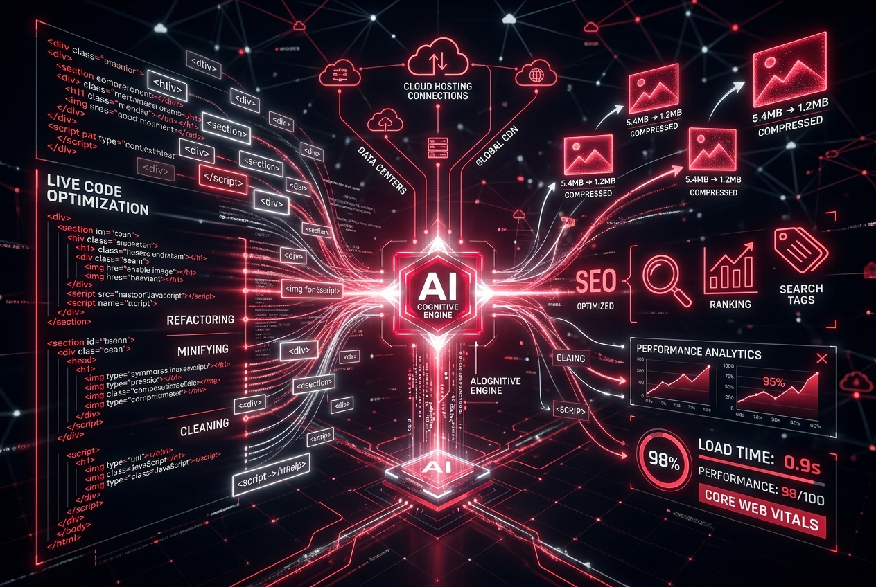 Futuristic AI dashboard with glowing data streams from a central AI engine, showing code, analytics, and SEO icons.
