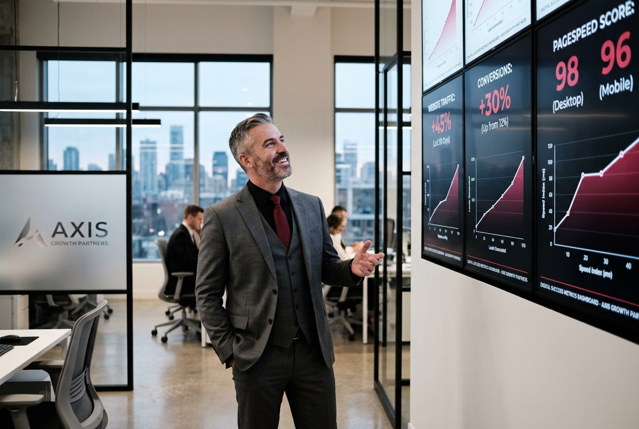 Man in a gray suit and red tie smiles as he gestures toward wall-mounted graphs in a modern office.