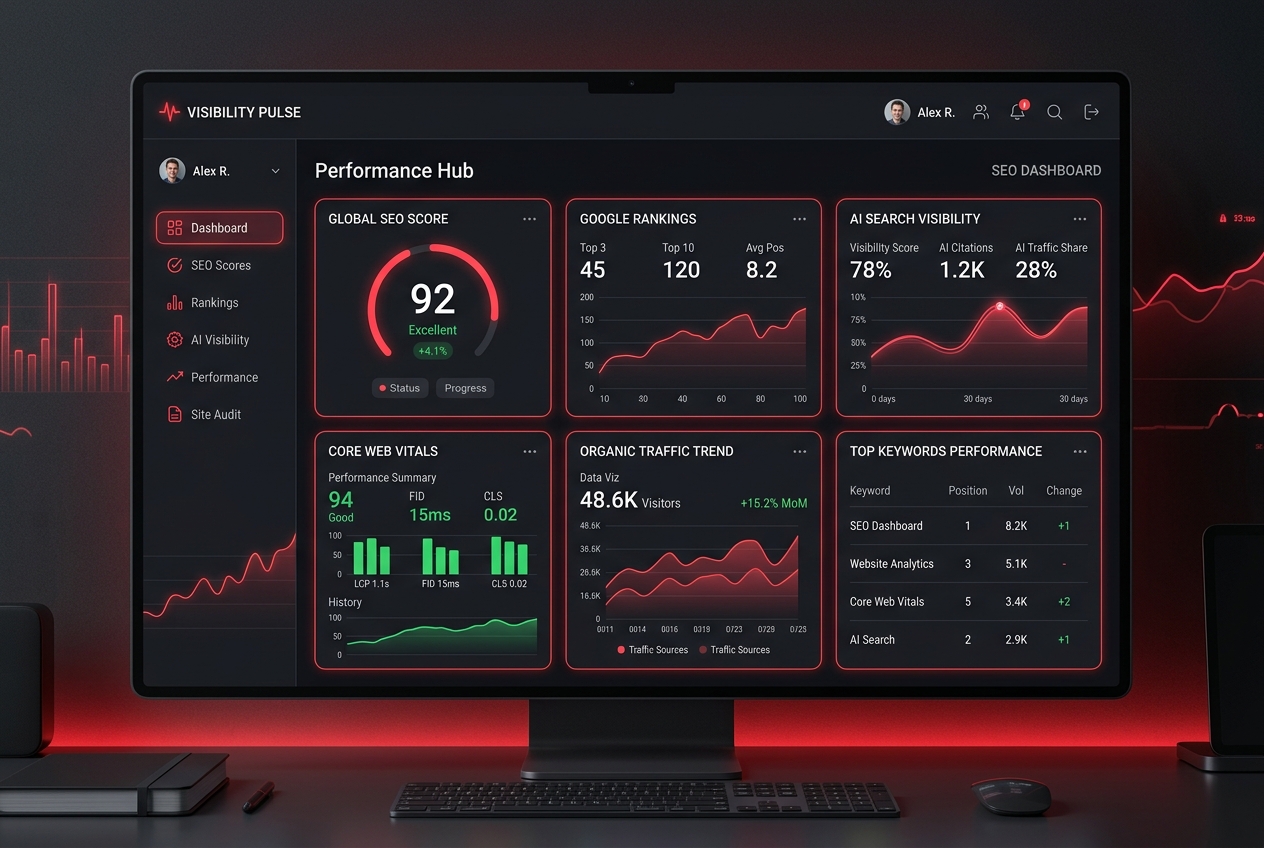 Dark multi-panel dashboard on a computer monitor labeled 'Performance Hub' showing SEO score, rankings, AI visibility, and traffic trends with red accent lines.