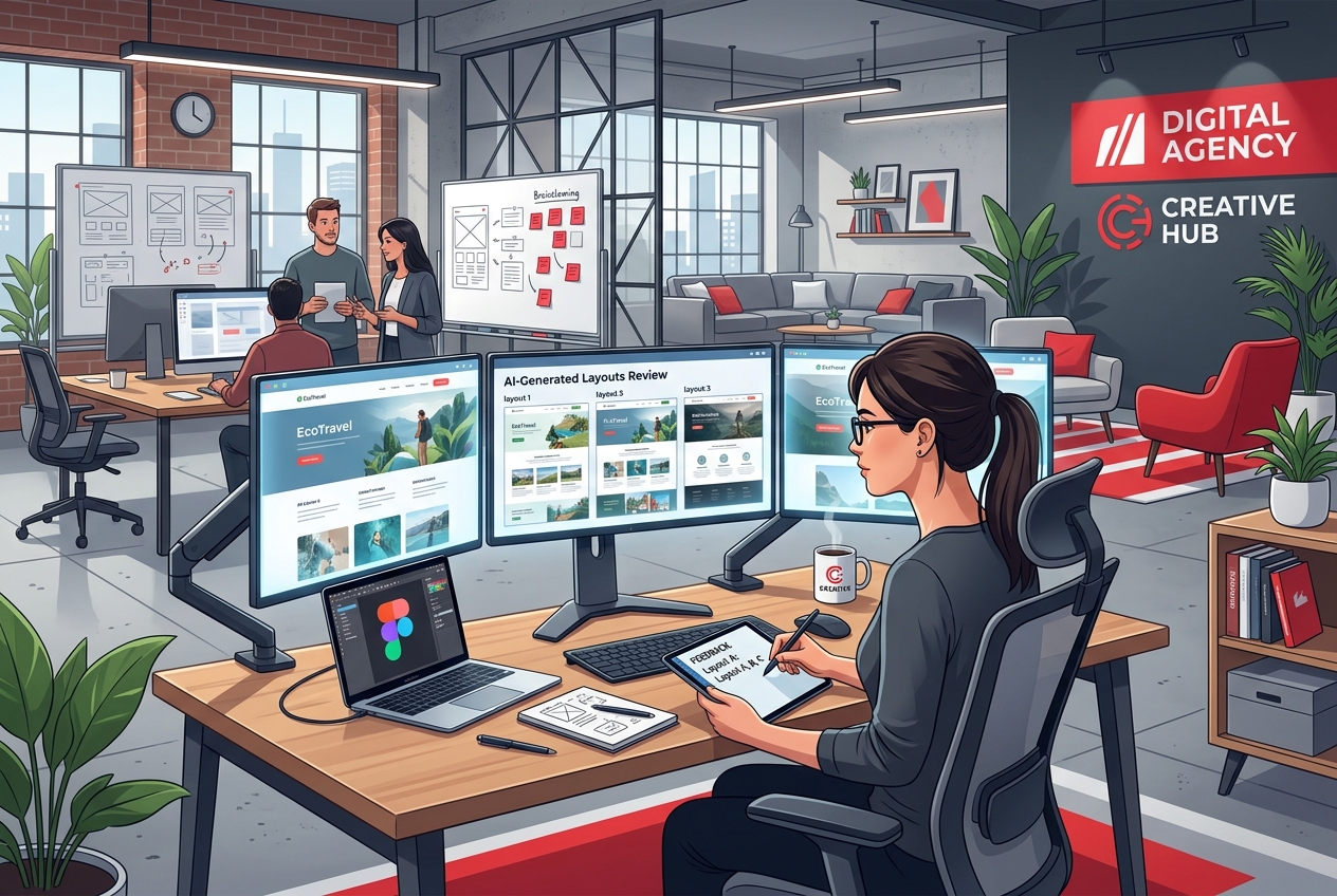 Designer at a multi-monitor desk in a modern open-plan office, sketching on a tablet.