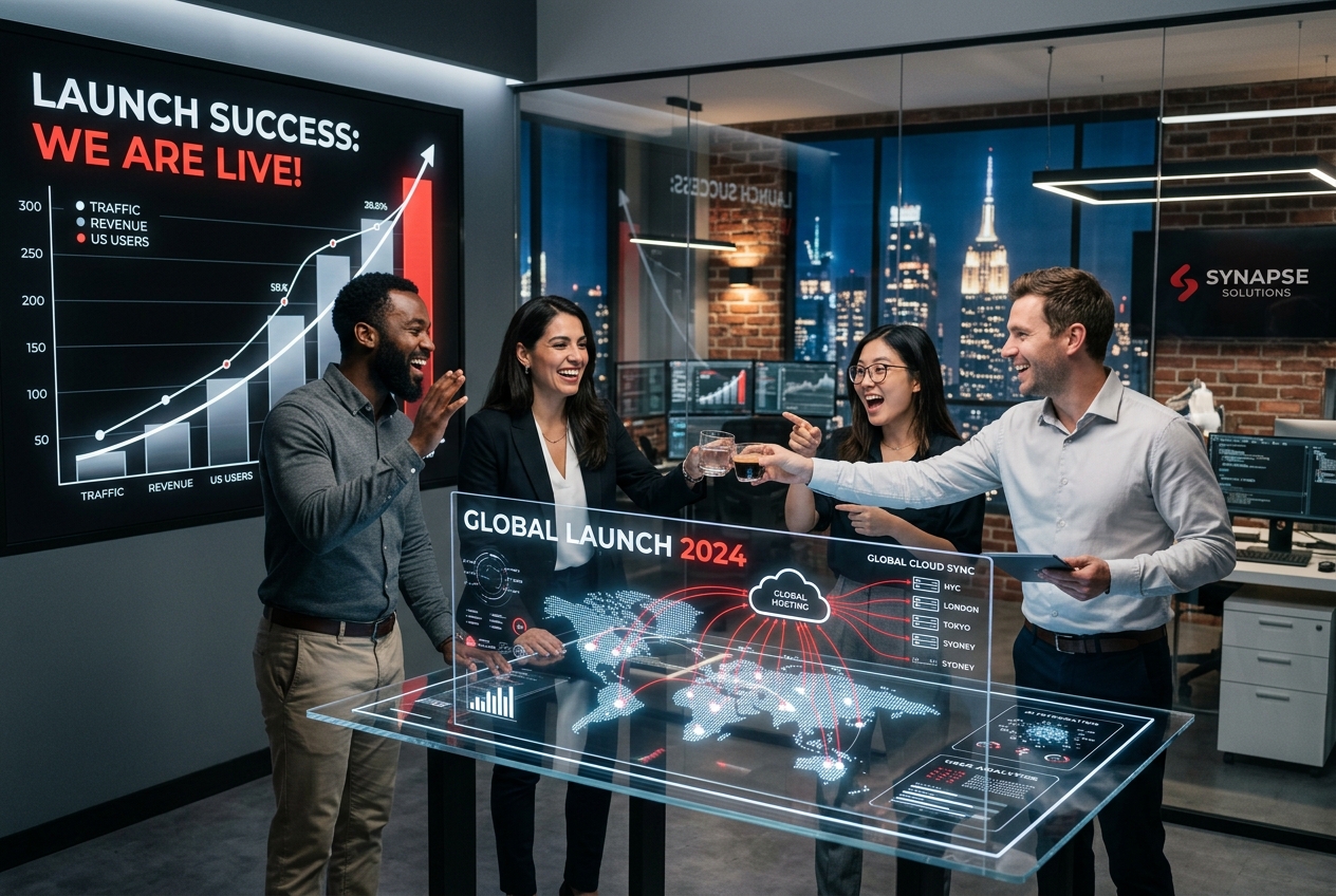 Four colleagues celebrate a product launch, toasting over a transparent digital map display in a modern office setting with charts on the wall.",