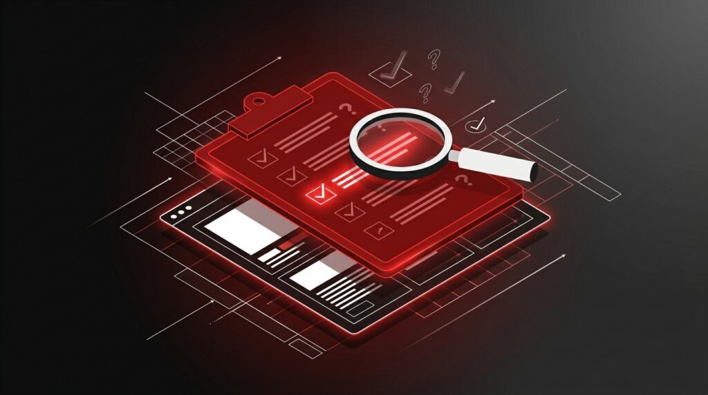 Checklist and magnifying glass reviewing a website mockup, symbolising the review process before publishing an AI-generated website