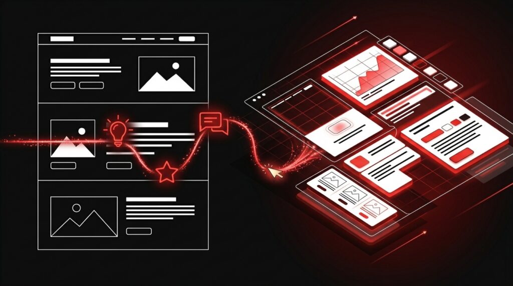 Generic website template gaining depth and detail from human input, illustrating how editing adds real value to AI-generated content