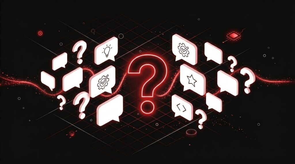 Speech bubbles and question marks representing frequently asked questions about AI website builders and editing